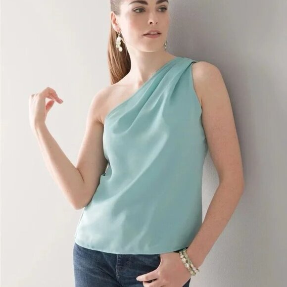 2/$30 White House Black Market Sleeveless One-Shoulder Draped Top Aquifer #A0039 - Picture 1 of 11
